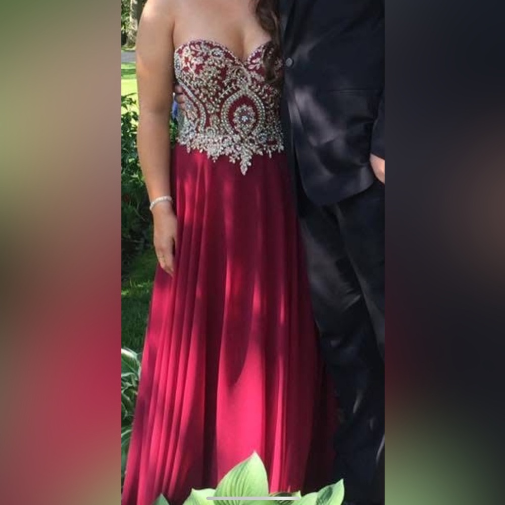 Elegant Burgundy Prom Gown with Gold/Silver Embellishments